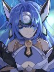 1girl android asagi1111 bare_shoulders blue_eyes blue_hair breasts cleavage elbow_gloves forehead_protector gloves highres kos-mos large_breasts long_hair looking_at_viewer medium_breasts simple_background smile solo very_long_hair xenosaga xenosaga_episode_i 