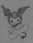 2024 anthro blush featureless_crotch female front_view greyscale guide_lines kuromi lagomorph leporid looking_at_viewer mammal monochrome onegai_my_melody rabbit sanrio seductive simple_background sitting sketch solo soulcentinel spade_tail spread_legs spreading tail