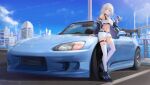  1girl absurdres arikawa_rui bare_shoulders black_sports_bra blue_car blue_eyes blue_footwear blue_jacket blue_sky building can car cloud cloudy_sky crop_top cross-laced_footwear day full_body grey_hair highleg highres holding holding_can jacket leaning_against_vehicle looking_at_viewer midriff motor_vehicle navel open_mouth original race_queen race_vehicle racecar shirt short_hair short_shorts shorts single-shoulder_shirt single_off_shoulder sky solo sports_bra standing thigh_strap thighhighs vehicle_request white_shorts white_thighhighs 