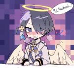  @_@ ^^^ angel angel_wings archangel_(helltaker) aroused black_hair blood blue_bow blue_bowtie blue_eyes blue_flower blush bow bowtie breaking breath broken_halo clenched_hands closed_mouth collared_shirt confused corruption corsage cross cross_hair_ornament cross_necklace crying crying_with_eyes_open dress_shirt embarrassed feathered_wings feathers flower hair_ornament hair_over_one_eye halo hands_on_table heart heavy_breathing helltaker interlocked_mars_and_venus_symbols jacket jewelry long_sleeves mars_symbol mosaic_background motion_lines multicolored_background naneon-aster necklace nervous nose_blush nosebleed open_clothes open_jacket parted_lips pink_background purple_background shirt short_hair sleeves_past_wrists surprised tears v-shaped_eyebrows v-shaped_eyes venus_symbol very_short_hair white_feathers white_jacket white_shirt white_wings wings 