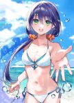  1girl :d absurdres bangs bare_arms bare_shoulders bikini blue_sky breasts cleavage cloud collarbone commentary_request day front-tie_bikini front-tie_top genderswap genderswap_(mtf) green_eyes hair_between_eyes hair_ornament hair_scrunchie highres horizon innertube kenmochi_touya long_hair low_twintails medium_breasts mole_on_stomach navel nijisanji ocean orange_scrunchie outdoors purple_hair scrunchie side-tie_bikini sky smile solo swimsuit transparent tsumetsume_zerii twintails very_long_hair virtual_youtuber water white_bikini 