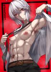  1girl abs absurdres armpits belt breasts heart_on_cheek highres muscular muscular_female musk nipples original pants red_eyes scar short_hair sweat tomodachi_(tomofanart) undressing white_hair 