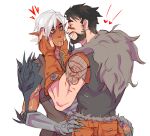  2boys armor beard black_hair blush couple dark-skinned_male dark_skin dragon_age dragon_age_2 elf eye_contact face-to-face facial_hair facial_mark fenris_(dragon_age_2) full_beard fur-trimmed_armor fur_trim garrett_hawke green_eyes heart highres holding_another&#039;s_head looking_at_another lunehowls male_focus mature_male multiple_boys neck_tattoo pointy_ears short_hair shoulder_tattoo simple_background tattoo upper_body white_background white_hair yaoi 