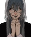  1girl black_nails blood blood_from_mouth blood_on_face commentary glasses grey_eyes grey_hair hair_between_eyes hashtag-only_commentary highres hoshi_san_3 long_hair looking_at_viewer lower_teeth_only nail_polish open_mouth original own_hands_together semi-rimless_eyewear simple_background solo teeth under-rim_eyewear upper_body white_background 