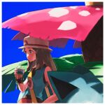  1girl blue_background blue_sky bottle character_request grey_asa hat highres holding holding_bottle ivysaur pokemon simple_background sky sweat water water_bottle 