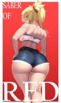  1girl absurdres artist_name ass blonde_hair blue_shorts blush braid breasts commentary cutoffs denim denim_shorts english_commentary fate/apocrypha fate/grand_order fate_(series) from_behind green_eyes hair_ornament hand_on_own_hip highres looking_at_viewer looking_back mordred_(fate) mordred_(fate/apocrypha) mordred_(memories_at_trifas)_(fate) niflhiem ponytail red_background red_scrunchie scrunchie shorts sideboob sidelocks solo thick_thighs thighs twitter_username watermark white_background wide_hips 