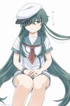  1girl alternate_hair_length alternate_hairstyle blue_eyes blue_hair blue_sailor_collar blush closed_mouth hair_between_eyes hat highres invisible_chair jewelry kantai_collection kiso_(kancolle) long_hair narukan neckerchief red_neckerchief ring sailor_collar school_uniform serafuku short_shorts shorts simple_background sitting solo sweat twitter_username very_long_hair wedding_ring white_background white_hat white_shorts 