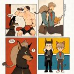  2boys ? adam_parrish animal_ears animal_on_shoulder bird black_hair black_shorts blonde_hair blue_eyes book boxing_gloves buzz_cut cat cat_boy cat_ears cat_tail catbishonen chainsaw_(the_raven_cycle) cowboy_shot crossed_arms crow dog dog_boy dog_ears drinking freckles full_body hands_in_pockets highres holding holding_book kemonomimi_mode looking_at_viewer male_focus multiple_boys ronan_lynch short_hair shorts sitting smile spoken_question_mark straight-on tail the_raven_cycle toned toned_male very_short_hair 