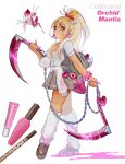  1girl absurdres bag blonde_hair blood blood_on_clothes blood_on_weapon botjira bow bra_visible_through_clothes breasts candy cardigan cardigan_around_waist cleavage clothes_around_waist commentary dark-skinned_female dark_skin ear_piercing earrings english_commentary english_text fingernails flower_earrings food gyaru hair_bow hair_ornament hair_scrunchie hairclip highres holding holding_weapon jewelry kusarigama lipgloss loafers lollipop long_fingernails long_hair looking_at_viewer mole mole_on_cheek nail_polish_bottle orchid_mantis original piercing pink_blood pink_eyes pink_nails pink_scrunchie pleated_skirt ponytail school_bag scrunchie shirt shoes sickle skirt solo unworn_cardigan weapon white_bow white_leg_warmers white_shirt wrist_scrunchie 