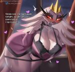  18_(artist) anthro avian beak big_breasts bird blush breasts clothed clothing crown demon feathers female headgear heart_symbol helluva_boss hi_res owl owl_demon smile solo stella_(helluva_boss) text thick_thighs white_body 