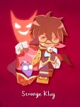  1boy book brown_hair cape character_name chibi clock glasses gloves highres holding holding_cape holding_clothes klug_(puyopuyo) male_focus nobuo_eaka2724 open_mouth orange_footwear pants purple-framed_eyewear purple_pants purple_vest puyopuyo puyopuyo_fever rayman_limbs red_background red_cape red_eyes red_theme round_eyewear shirt short_hair simple_background strange_klug vest white_gloves white_shirt yellow_trim 