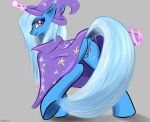  anus blue_body blue_hair blue_tail bodily_fluids butt cape clothing equid equine female feral friendship_is_magic genital_fluids glowing glowing_horn grey_background hair hasbro hat headgear headwear hi_res horn magic mammal my_little_pony pussy_juice raised_tail renarde-louvre simple_background solo trixie_(mlp) unicorn wizard_hat 