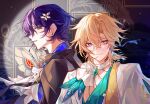  2boys ascot aventurine_(honkai:_star_rail) blonde_hair blue_hair daifuku_mei dr._ratio_(honkai:_star_rail) earrings formal frilled_ascot frills highres honkai:_star_rail honkai_(series) jewelry male_focus multicolored_eyes multiple_boys peacock_feathers suit 