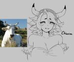  2022 animal_humanoid bare_shoulders big_breasts bovid bovid_humanoid bovine bovine_humanoid breasts cattle_humanoid cleavage clothed clothing collarbone ears_down eyelashes female grey_background hair horn humanoid looking_at_viewer mammal mammal_humanoid pivoted_ears reference_image short_hair simple_background solo ushiji 