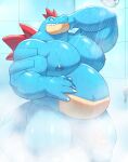  2024 anthro areola balls barazoku bathing belly biceps big_belly big_butt big_muscles big_penis bodily_fluids butt censored claws convenient_censorship deltoids digital_media_(artwork) erection feraligatr generation_2_pokemon genital_fluids genitals grin hand_behind_head hand_on_belly hi_res huge_belly huge_muscles humanoid_genitalia humanoid_penis ineffective_censorship inside kemono looking_at_viewer male musclegut muscular muscular_anthro muscular_male narrowed_eyes navel nintendo nipples non-mammal_nipples nude o-ro overweight overweight_anthro overweight_male pecs penis pokemon pokemon_(species) scales shower showering smile smirk solo standing steam tail teeth thick_thighs tile tile_wall wall_(structure) water wet wet_body 