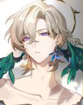  1boy absurdres aventurine_(honkai:_star_rail) blonde_hair collarbone earrings halo head_wings highres honkai:_star_rail honkai_(series) jewelry looking_at_viewer male_focus neck_tattoo off_shoulder peacock_feathers plus_q shirt short_hair solo tattoo torn_clothes torn_shirt two-tone_eyes wings 