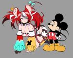  1boy 1girl all_fours animal_ears bare_shoulders black_hair blue_bow bow breasts cleavage collar detached_sleeves disney grey_background hakos_baelz highres hololive hololive_english leash long_hair medium_breasts mickey_mouse mouse_ears mouse_tail multicolored_hair peagade pet_play red_hair revision shirt simple_background spiked_collar spikes streaked_hair tail tail_bow tail_ornament very_long_hair virtual_youtuber white_hair 