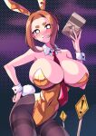  ! animal_ears bare_shoulders book breasts bright_pupils brown_eyes brown_hair cleavage covered_navel detached_collar fake_animal_ears fake_tail gold_leotard golden_week highres holding holding_book huge_breasts kaii_to_otome_to_kamikakushi leotard looking_at_viewer mole mole_under_eye necktie ogawa_sumireko pankeiki pantyhose playboy_bunny rabbit_ears rabbit_tail red_necktie road_sign short_eyebrows sign smile solo tail thick_eyebrows wrist_cuffs 