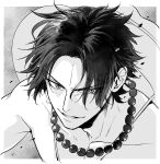  1boy commentary_request dust freckles greyscale hair_between_eyes hat highres jewelry looking_at_viewer male_focus monochrome nakumonaga_uma necklace one_piece pearl_necklace portgas_d._ace short_hair solo topless_male upper_body 