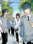  bag bangs black_hair black_necktie black_pants blonde_hair blue_eyes blue_hair cellphone collared_shirt colored_inner_hair glasses grey_vest highres holding holding_phone ike_eveland keita_kg85 looking_at_another looking_at_phone luca_kaneshiro luxiem medium_hair multicolored_hair mysta_rias necktie nijisanji nijisanji_en outdoors pants phone red_hair school_bag school_uniform shirt short_hair shu_yamino smartphone sweater_vest tree vest virtual_youtuber vox_akuma white_footwear white_shirt yellow_eyes 