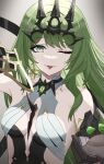  absurdres black_gloves breasts closed_mouth commentary earrings gloves green_eyes green_hair highres honkai_(series) honkai_impact_3rd jewelry long_hair looking_at_viewer medium_breasts mobius_(honkai_impact) one_eye_closed sidelocks simple_background smile solo symbol-only_commentary tongue tongue_out umbsy_gi upper_body 
