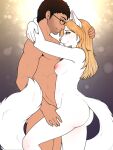  affectionate ajna anthro areola blonde_hair breasts domestic_cat duo felid feline felis female fur furry glasses_on_face hair hi_res human human_on_anthro interspecies loving_embrace loving_gaze male male/female mammal nipples paws pinup pose side_boob stubble white_body white_fur 