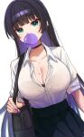  absurdres bag black_hair bocchi_the_rock! bra bra_peek breasts chewing_gum chin_piercing choker cleavage collared_shirt colored_inner_hair dress_shirt ear_piercing green_eyes highres hime_cut holding holding_bag large_breasts long_hair multicolored_hair pa-san partially_unbuttoned piercing purple_hair purple_nails shirt shoulder_bag solo underwear white_background yozakurayuyu 