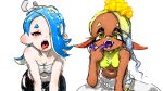  2girls asymmetrical_hair bare_shoulders blonde_hair blue_hair cephalopod_eyes chest_sarashi colored_eyelashes colored_skin crop_top cross-shaped_pupils dark-skinned_female dark_skin earrings fangs finger_in_own_mouth food food_on_head forehead frye_(splatoon) gradient_hair gradient_skin hachimaki hand_up headband highres horizontal_pupils inkling jewelry koharu2.5 light_blue_hair long_hair long_pointy_ears looking_at_viewer multicolored_hair multicolored_skin multiple_earrings multiple_girls nejiri_hachimaki object_on_head octoling open_mouth orange_pupils pink_eyes pointy_ears purple_skin red_pupils sarashi shirt shiver_(splatoon) short_eyebrows simple_background sleeveless sleeveless_shirt splatoon_(series) splatoon_3 suction_cups symbol-shaped_pupils teeth tentacle_hair tongue tongue_out tooth_earrings two-tone_hair two-tone_skin uvula white_background yellow_eyes yellow_shirt 
