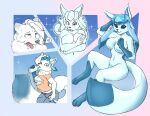  anthro big_breasts black_eyes blue_body blue_eyes blue_fur blush bottle breast_growth breasts canid canine canis colored container drinking eeveelution expansion female fur gender_transformation generation_4_pokemon glaceon growth happy hi_res male mammal mtf_transformation nintendo pokemon pokemon_(species) sequence shrubie_fox solo species_transformation surprised_expression thick_thighs thigh_expansion tongue tongue_out transformation white_body white_fur wolf 