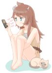  1girl a_girl_adrift animal arezea barefoot black_eyes brown_hair brown_tunic cat cellphone clam closed_mouth highres long_hair looking_at_phone phone player_(a_girl_adrift) playing_games screenshot_inset simple_background smartphone solo white_background 