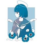  1girl anemone_(flower) arms_at_sides blue_background blue_eyes blue_flower blue_hair blunt_bangs bob_cut closed_mouth cropped_torso expressionless flower grey_sailor_collar grey_shirt halo highres long_bangs looking_to_the_side mini_wings neckerchief original profile sailor_collar school_uniform shirt short_hair solo sskitaco two-tone_background white_background white_flower white_neckerchief white_wings wings 