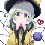  1girl absurdres black_hat closed_mouth commentary green_eyes green_hair hand_on_own_face hat hat_ribbon heart heart_of_string highres koishi_day komeiji_koishi long_sleeves looking_at_viewer medium_hair ribbon simple_background smile solo third_eye tiranaihana touhou upper_body white_background yellow_ribbon 