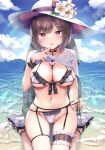  1girl ass_visible_through_thighs beach between_breasts bikini black_choker breasts bridal_garter brown_hair cameltoe caustics choker cleavage clothes_lift day finger_to_mouth frilled_bikini frills front-tie_bikini front-tie_top garter_belt halterneck hand_up hat highres kinokomushi large_breasts lifted_by_self looking_at_viewer navel open_mouth original outdoors purple_eyes sandals see-through seiza shirt shirt_lift short_hair side-tie_bikini sitting skindentation smile solo stomach string_bikini sun_hat swimsuit thighs untied untied_bikini water wet wet_clothes wet_shirt white_bikini white_headwear white_shirt wrist_cuffs 