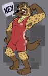  2024 3_toes anthro athletic athletic_anthro athletic_male biceps biped clothing feet flexing flexing_bicep hi_res hyena looking_at_viewer male mammal pecs shirt skkortysoup solo spotted_hyena tank_top toes topwear 