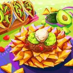  avocado chili_con_carne food food_focus guacamole highres meat nachos no_humans original plate taco vegetable yuki00yo 