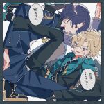  2boys aventurine_(final_victor)_(honkai:_star_rail) aventurine_(honkai:_star_rail) blonde_hair blue_hair box collared_shirt crowded dr._ratio_(honkai:_star_rail) earrings formal gg_suyari honkai:_star_rail honkai_(series) in_box in_container jewelry male_focus multiple_boys neck_tattoo necktie pants shirt shoes short_hair suit tattoo two-tone_eyes waistcoat yaoi 