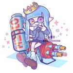  1girl blue_hair bow bowtie commission crown dot_nose full_body green_bow green_bowtie heterochromia highres hydra_splatling_(splatoon) inkling inkling_girl inkling_player_character leg_warmers long_hair looking_at_viewer pink_bow pink_bowtie pleated_skirt red_eyes simple_background sitting skirt smile solo sparkle splatoon_(series) splatoon_3 striped_bow striped_bowtie striped_clothes teeth tentacle_hair two-tone_bowtie ufo_sw v watermark weapon white_background yellow_eyes 