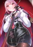  blush cape fingerless_gloves from_below gloves highres holding holding_weapon hololive hololive_english long_hair looking_up mori_calliope necktie pantyhose pink_hair red_background red_eyes scythe shirt shorts smile thighs virtual_youtuber weapon white_shirt zacky 