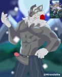  absurd_res anthro canid canine clothing erection erection_under_clothing hi_res looking_at_viewer male male/male mammal mirandaths muscular muscular_anthro muscular_male mythological_canine mythological_creature mythology nipples pecs smile smirk solo were werecanid werecanine werewolf zipper_down 