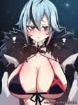  1girl arlecchino_(genshin_impact) bikini black_bikini black_eyes black_gloves black_hair blue_hair blush breasts cleavage closed_mouth coat front-tie_bikini front-tie_top fur-trimmed_coat fur_trim genshin_impact gloves hair_between_eyes highres hinghoi large_breasts looking_at_viewer multicolored_hair open_clothes open_coat short_hair solo streaked_hair swimsuit symbol-shaped_pupils upper_body x-shaped_pupils 