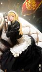  1girl apron artofenvy banner battle_standard black_dress blonde_hair cixous_(overlord) closed_eyes couch dress highres indoors lips long_dress long_hair lying maid_apron maid_headdress nose on_couch on_side overlord_(maruyama) sleeping solo swept_bangs war_banner 