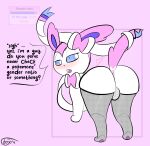  absurd_res annoyed anus backsack balls blue_eyes cdegenz clothing colored cute_fangs dialogue eeveelution femboy feral generation_6_pokemon genitals heart_symbol hi_res legwear male nintendo paws pokemon pokemon_(species) quadruped ribbons signature simple_background solo speech_bubble star sylveon tail thigh_highs unimpressed 