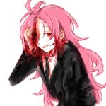  1boy 7565948183 absurdres black_jacket black_necktie blood blood_in_hair blood_on_clothes blood_on_face blood_on_hands chinese_commentary collared_shirt commentary_request hatsutori_hajime highres jacket long_hair male_focus missing_eye necktie pink_hair red_eyes saibou_shinkyoku shirt simple_background sketch smile solo suit_jacket upper_body white_background white_shirt 