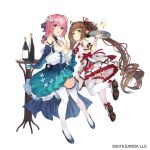  2girls :o bottle breasts brown_hair champagne_flute cleavage commentary_request cup dreamlight2000 dress drinking_glass full_body gemini_seed green_eyes hair_ornament holding holding_tray horns large_breasts long_hair long_sleeves looking_at_viewer multiple_girls official_art pink_eyes pink_hair simple_background tachi-e thighhighs tray twintails very_long_hair white_background white_thighhighs wine_bottle 