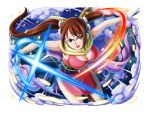  1girl breasts brown_hair cleavage english_commentary japanese_clothes kimono large_breasts looking_at_viewer ninja obi official_art one_piece one_piece_treasure_cruise open_mouth pink_kimono sandals sash scarf shinobu_(one_piece) solo twintails v-shaped_eyebrows weapon weapon_on_back yellow_scarf 