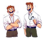  2boys alternate_costume bara blush collared_shirt cropped_legs crossed_arms facial_hair formal gloves happy_aura highres looking_at_another luigi male_focus mario mario_(series) multiple_boys mustache puff_of_air salaryman shirt sideways_glance standing thick_mustache white_background yowasabimechaoc 