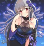  1girl alternate_costume bare_shoulders black_dress blush breasts commentary_request dress flower grey_hair hair_flower hair_ornament head_tilt highres large_breasts long_hair looking_at_viewer lyrical_nanoha mahou_shoujo_lyrical_nanoha mahou_shoujo_lyrical_nanoha_a&#039;s purple_flower purple_rose red_eyes reinforce rose smile solo translation_request usuba_kagerou_(shougyouchu) very_long_hair 