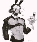  1boy :t abs animal_ears artist_name au_ra bow bowtie champagne_flute closed_mouth colored_sclera commentary_request cropped_legs crossdressing cup drinking_glass fake_animal_ears fake_tail final_fantasy final_fantasy_xiv greyscale hand_up highres holding holding_tray horns karuo_(oooruka_cr) large_pectorals long_sleeves low_horns male_focus male_playboy_bunny monochrome multicolored_hair pectorals pink_background pout rabbit_ears rabbit_tail scar scar_on_chest scar_on_stomach short_hair simple_background tail toned toned_male translation_request tray twitter_username two-tone_hair underbust upper_body warrior_of_light_(ff14) 