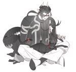  1boy animal animal_on_lap arknights armor cat chong_yue_(arknights) closed_eyes coat dragon_boy dragon_horns dragon_tail earrings facing_animal full_body greyscale hand_up horns indian_style jewelry jjeobjjeobdogta_(wjqwjqehrxk) long_hair long_sleeves low_ponytail male_focus monochrome multicolored_hair on_lap open_mouth pauldrons petting pointy_ears rerebrace shedding shedding_fur shoes shoulder_armor simple_background single_sleeve sitting streaked_hair tail white_background wide_sleeves 