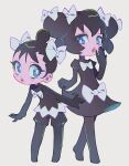  2girls black_dress blue_eyes bow bright_pupils child clenched_hand dot_nose double_bun dress full_body gothita gothorita hair_bow hair_bun hand_up highres humanization leaning leaning_forward lips long_eyelashes looking_to_the_side multiple_girls myunazzang no_toes open_hand open_hands parted_lips petite pokemon short_hair simple_background single_hair_bun standing teeth three_quarter_view upper_teeth_only very_short_hair walking white_background white_bow white_pupils 